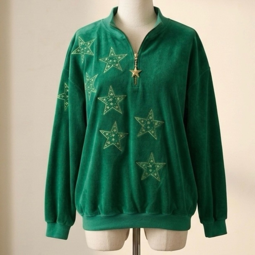 Neiman Marcus Vintage Green  Velour Sweatshirt quarter zip Size XL Embroidered